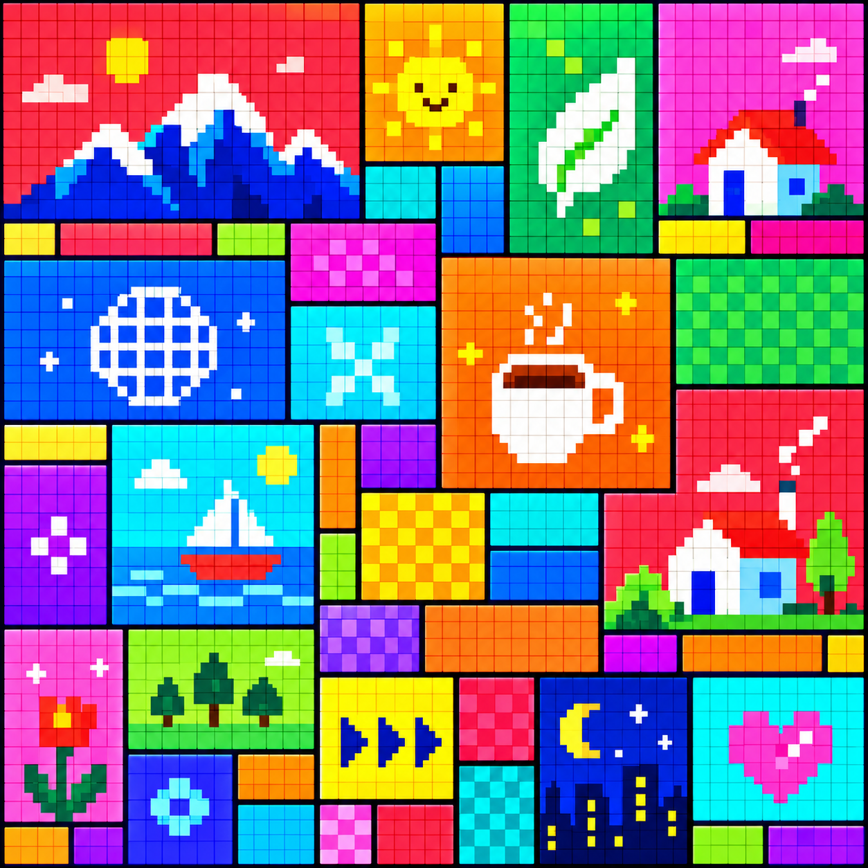 A colorful wall of rectangular ad blocks in different sizes